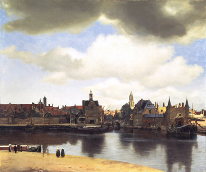 Vista de Delft, de Vermeer. A la derecha, el petit pan de mur jaune que Marcel Proust describe en su novela y, a la izquierda, la sede de la compañía de las Indias Orientales